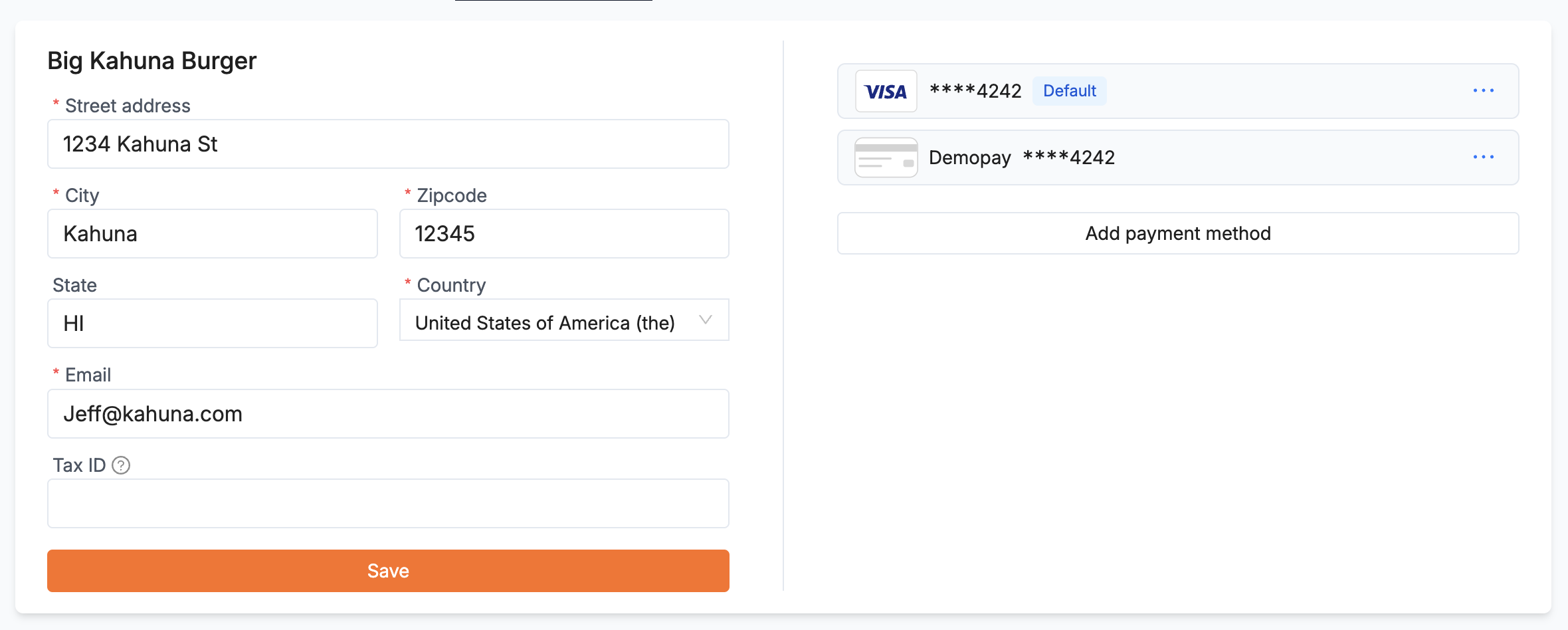 BillingDetails component with a billing address and email form on the left and saved cards with Add payment method on the right