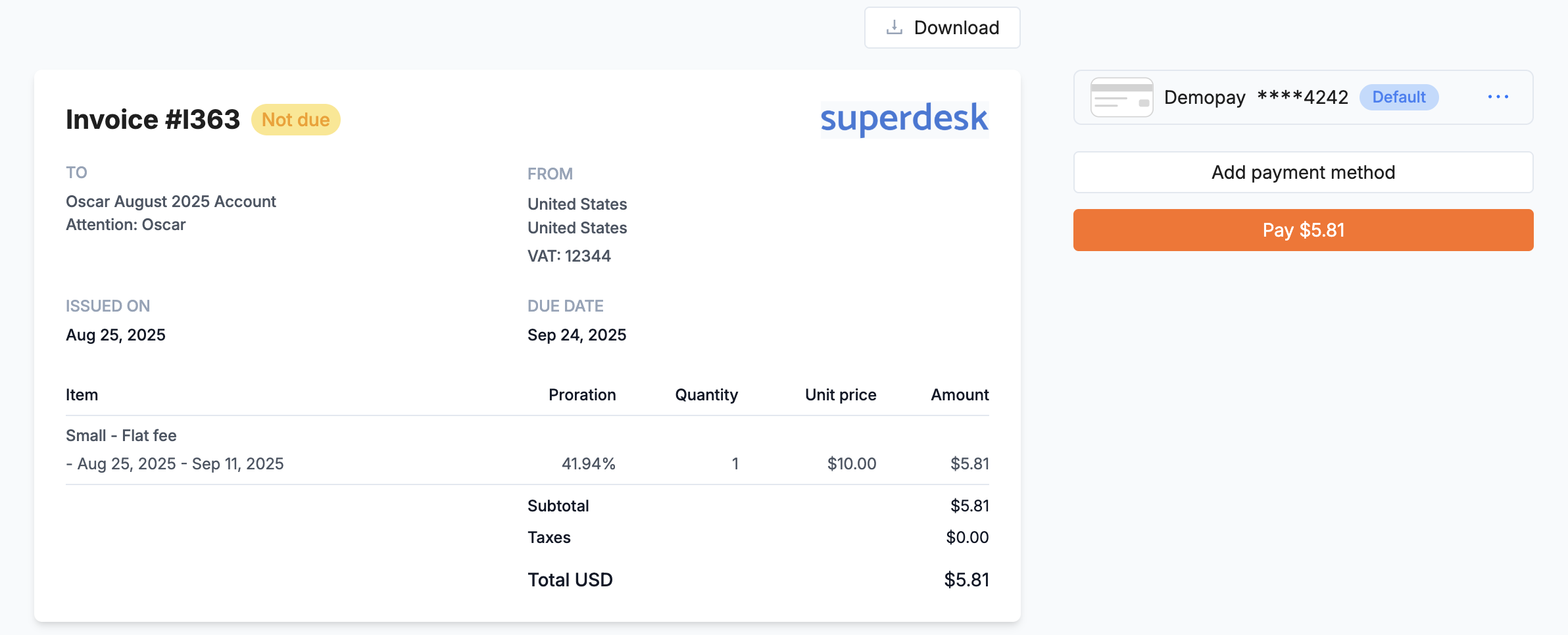 Not due invoice with a Download button, saved Default payment method, Add payment method and an orange Pay $5.81 button