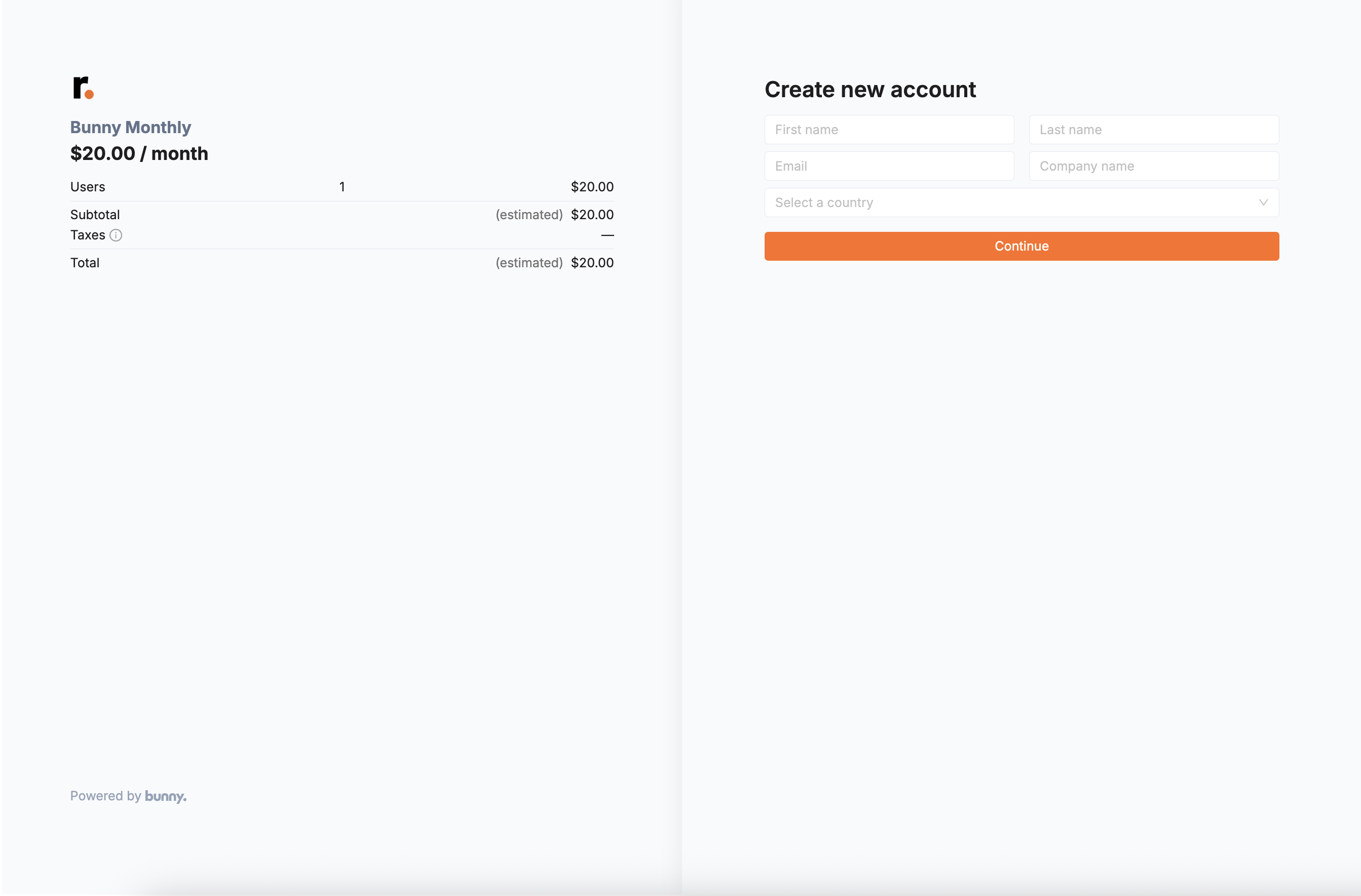 Signup component showing a Bunny Monthly price summary beside a Create new account form with a Continue button