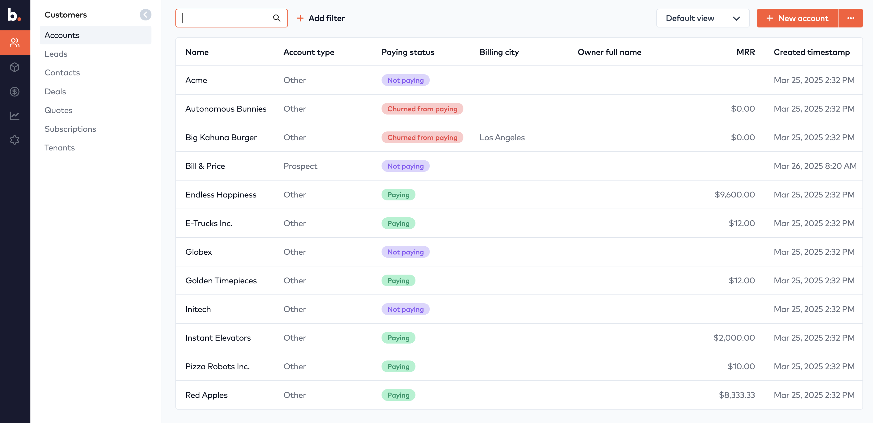 Customers > Accounts list in Bunny showing account type, paying status, MRR and created timestamp for each account