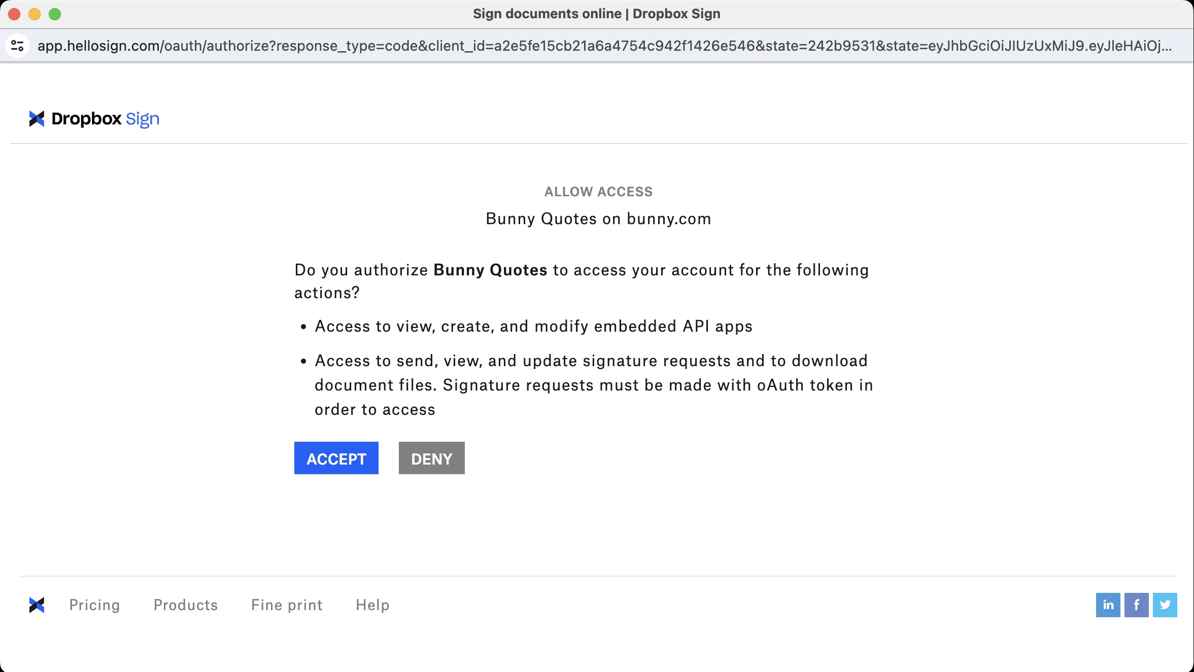 Dropbox Sign Allow Access page asking to authorize Bunny Quotes, with Accept and Deny buttons