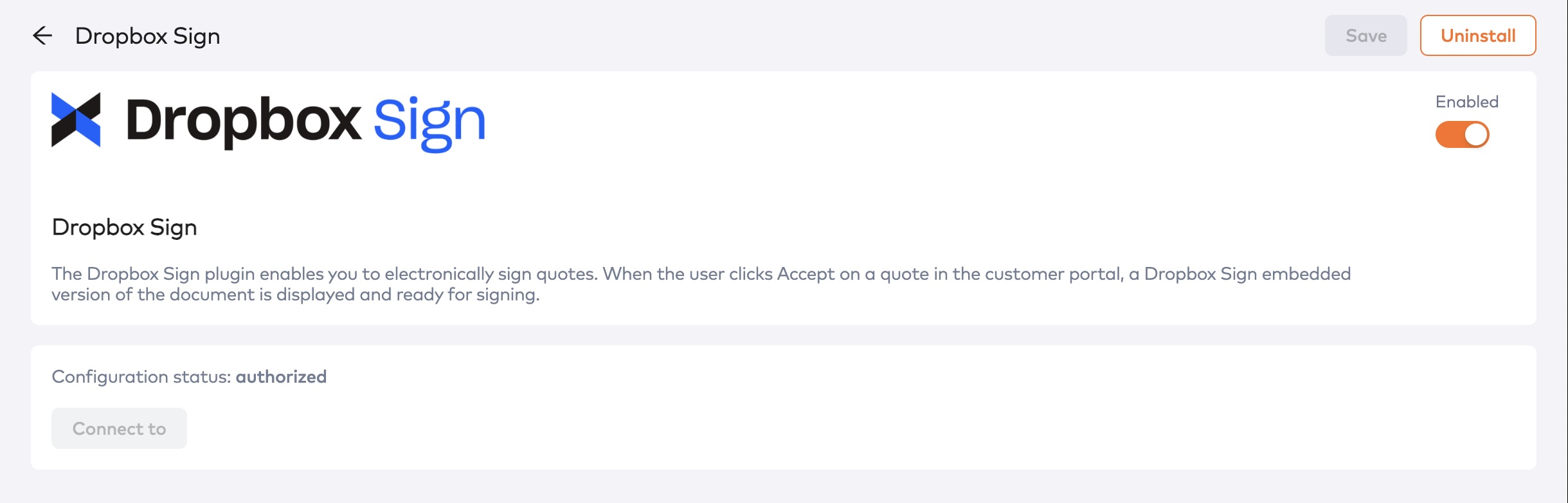 Dropbox Sign integration with Enabled toggled on and configuration status authorized