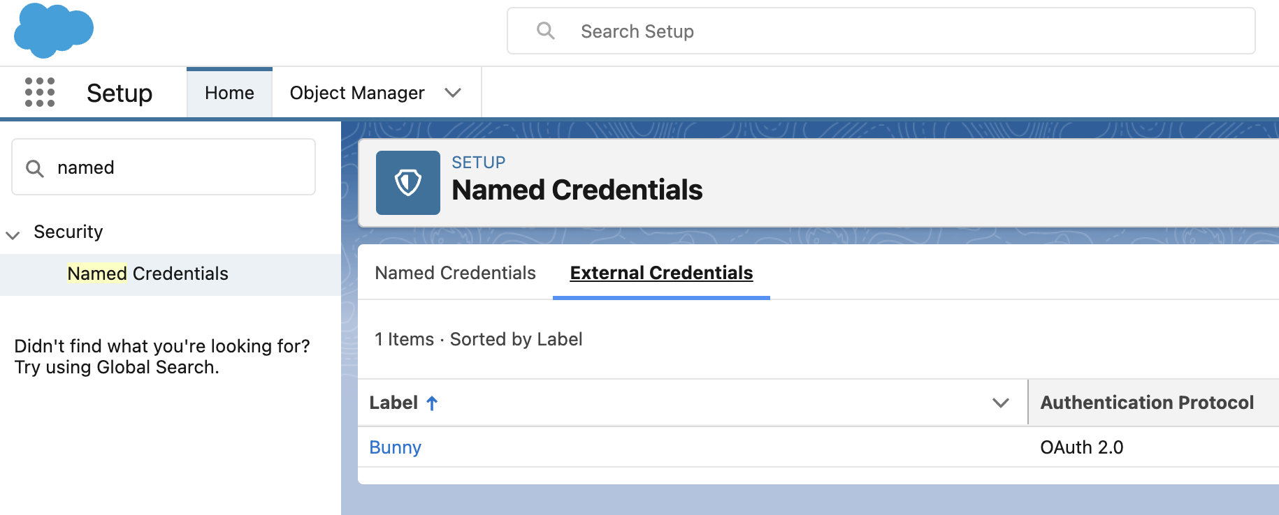 Salesforce Named Credentials setup page on the External Credentials tab, showing a Bunny credential using OAuth 2.0