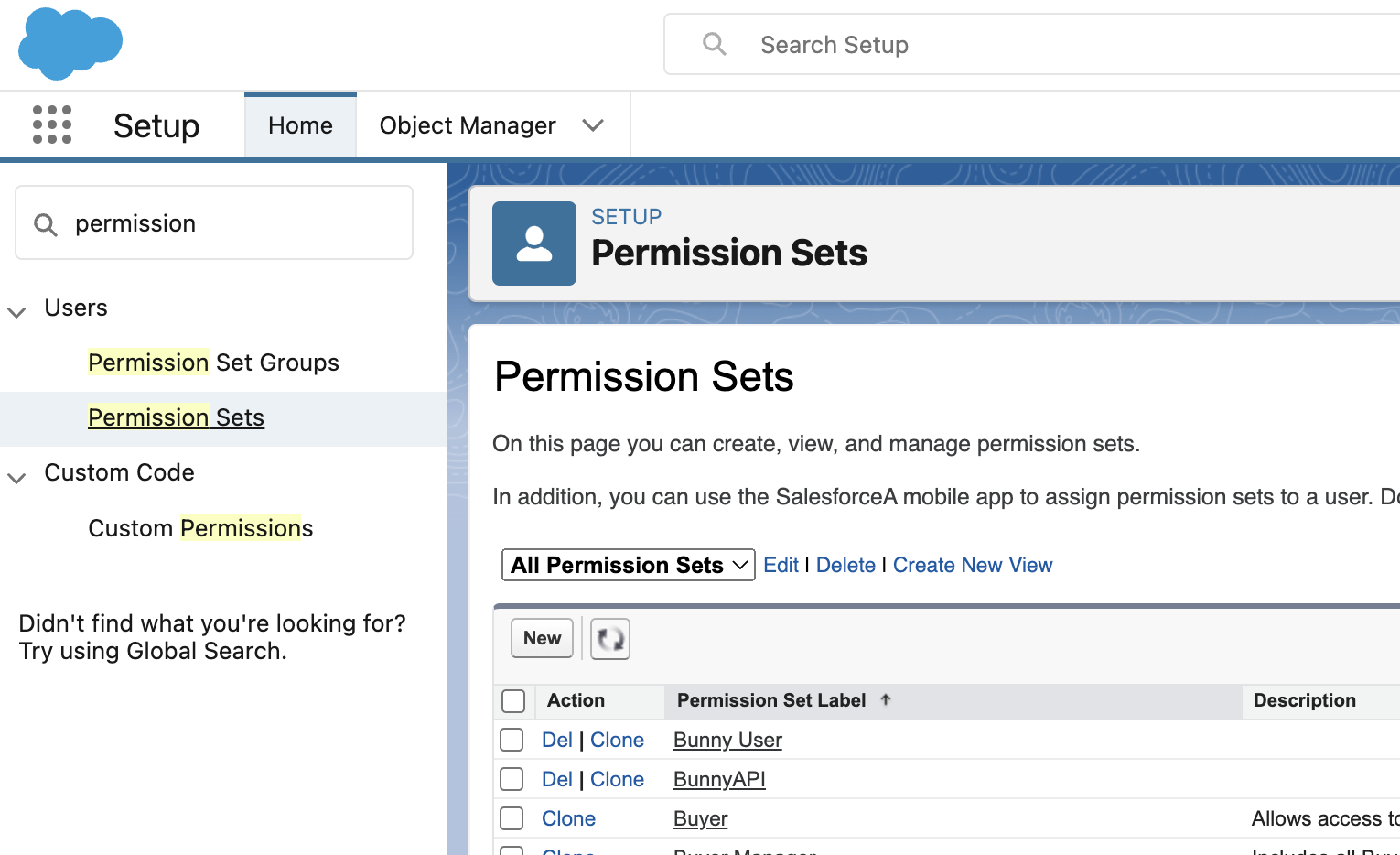 Salesforce Permission Sets setup page with the New button and Bunny User and BunnyAPI permission sets listed