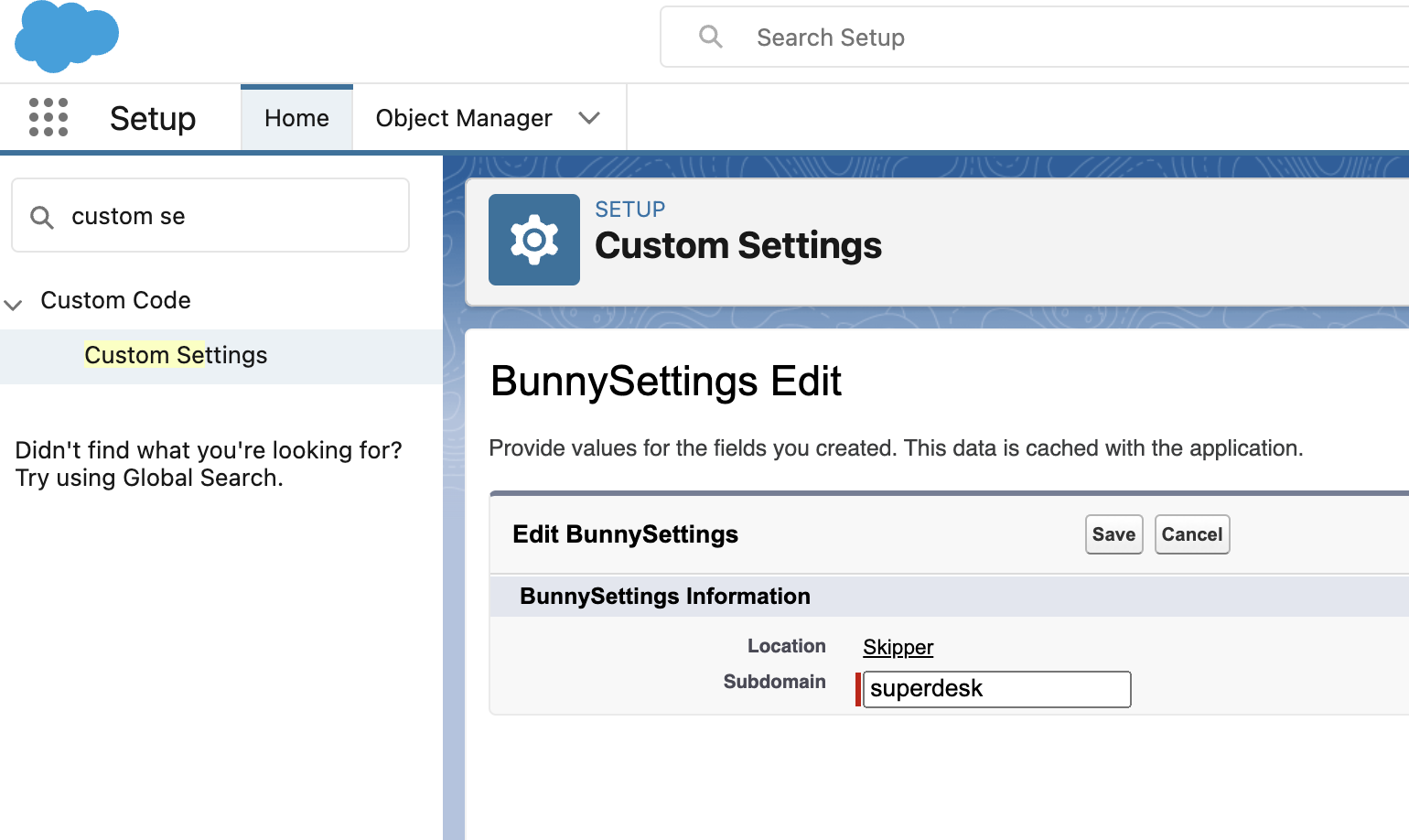 Salesforce Custom Settings page editing BunnySettings, with the Subdomain field set to a Bunny subdomain