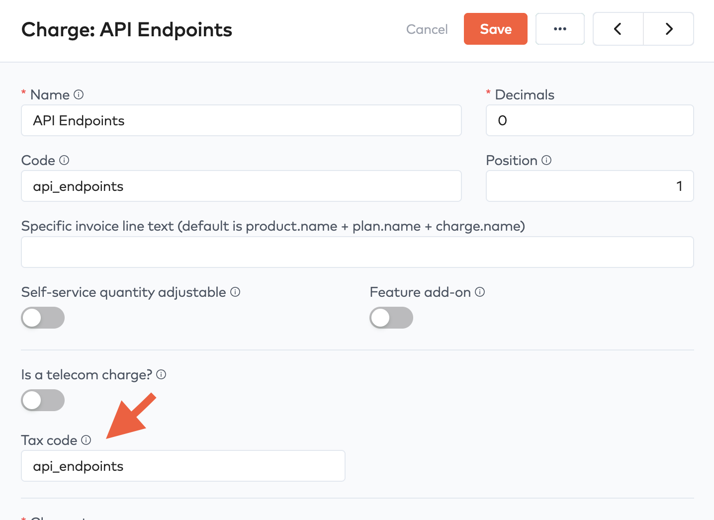 Price list charge form in Bunny with an arrow pointing to the Tax code field, set to api_endpoints