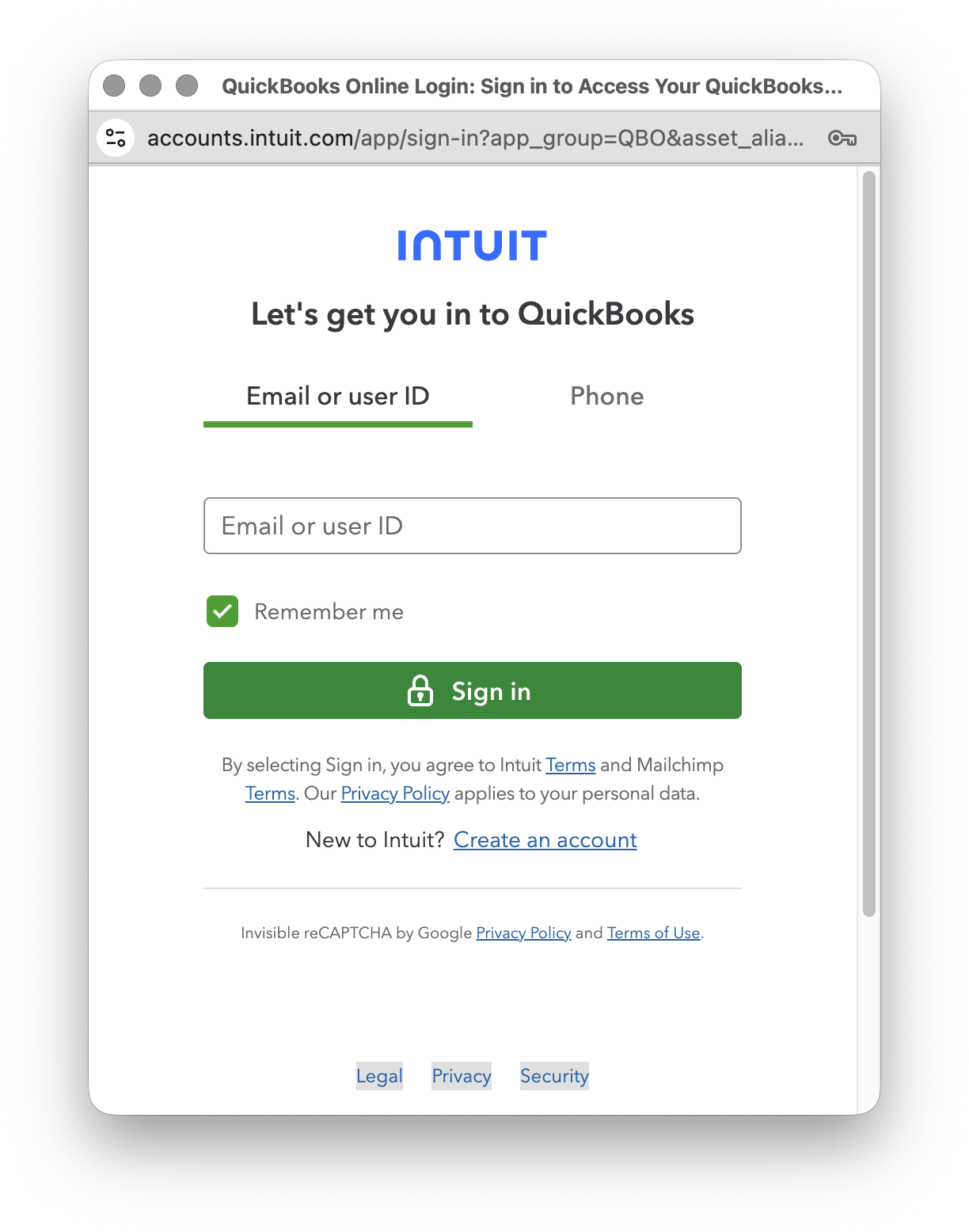 Intuit QuickBooks sign-in popup asking for email or user ID
