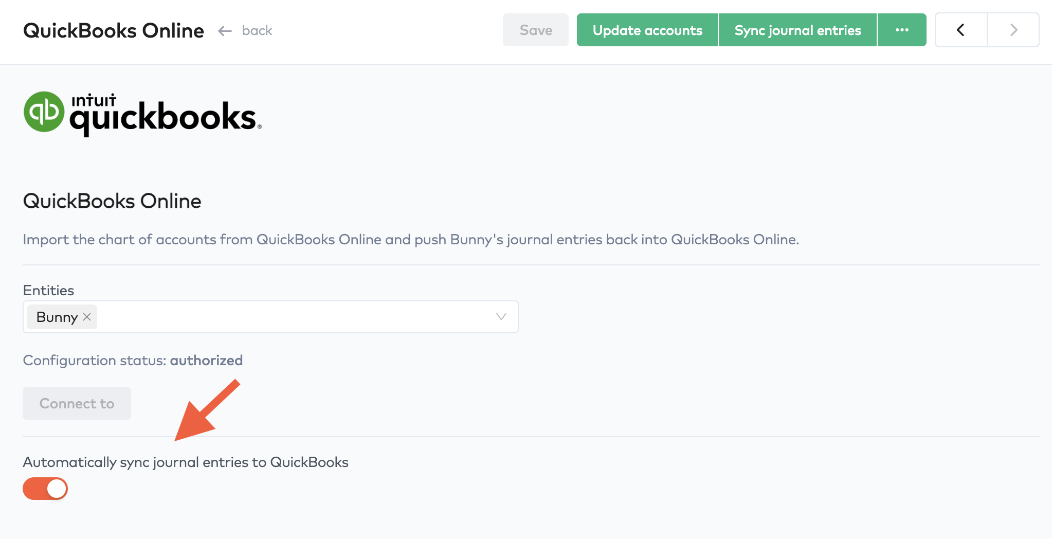 Authorized QuickBooks integration with an arrow pointing to the Automatically sync journal entries to QuickBooks toggle