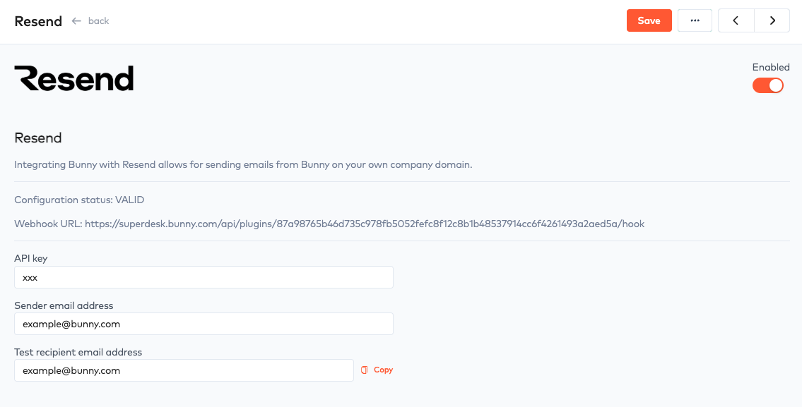 Resend integration form with Webhook URL, API key, Sender email address and Test recipient email address