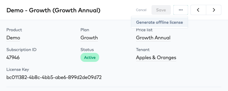 Subscription details ... menu with the Generate offline license option