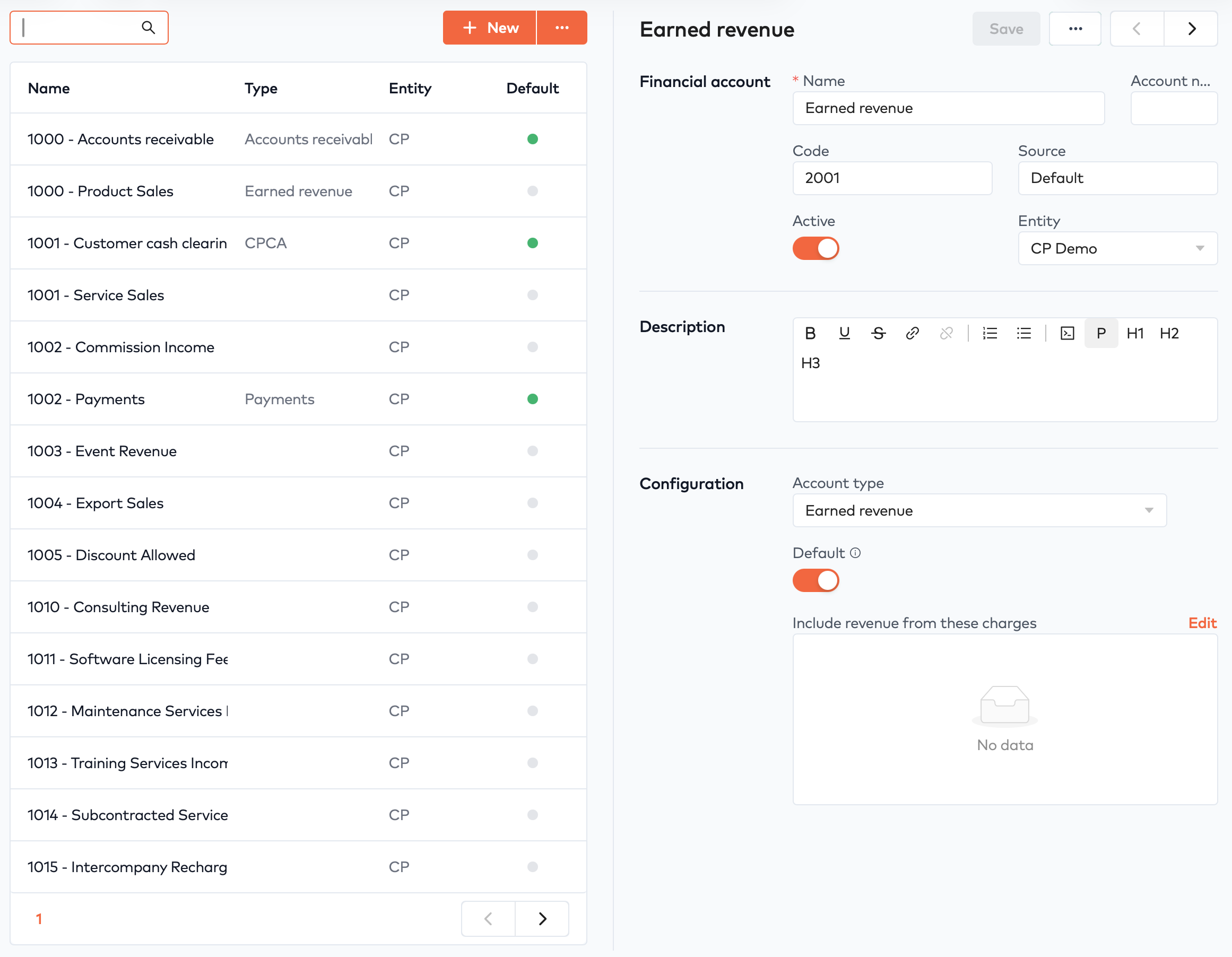 GL mappings list of financial accounts with an Earned revenue account open, account type Earned revenue and Default on