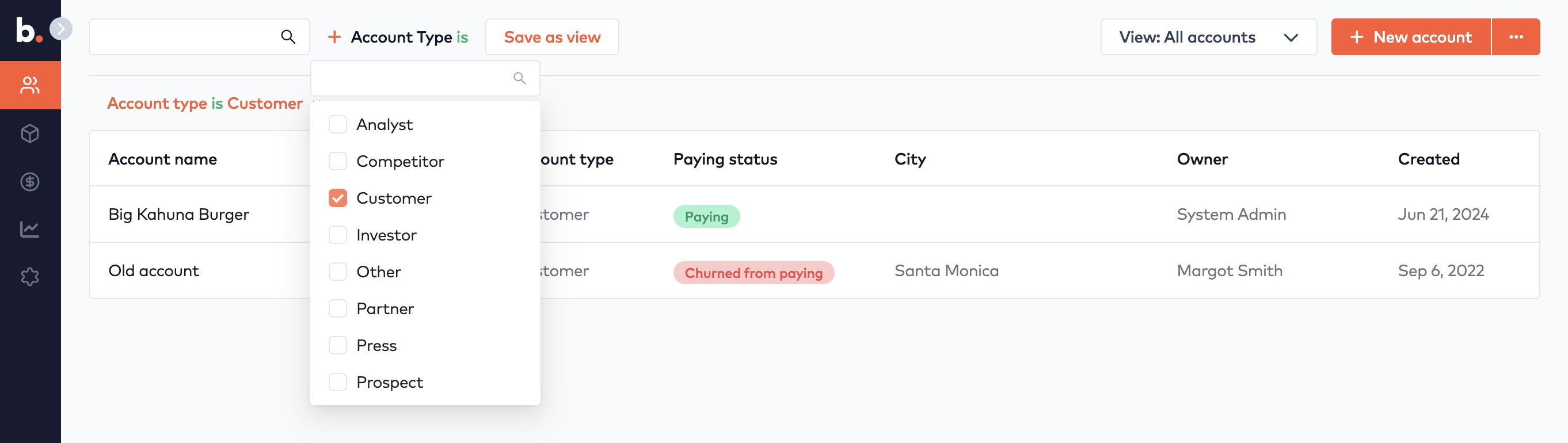 Accounts table filtered by Account Type is Customer, with the filter dropdown open and the Save as view button