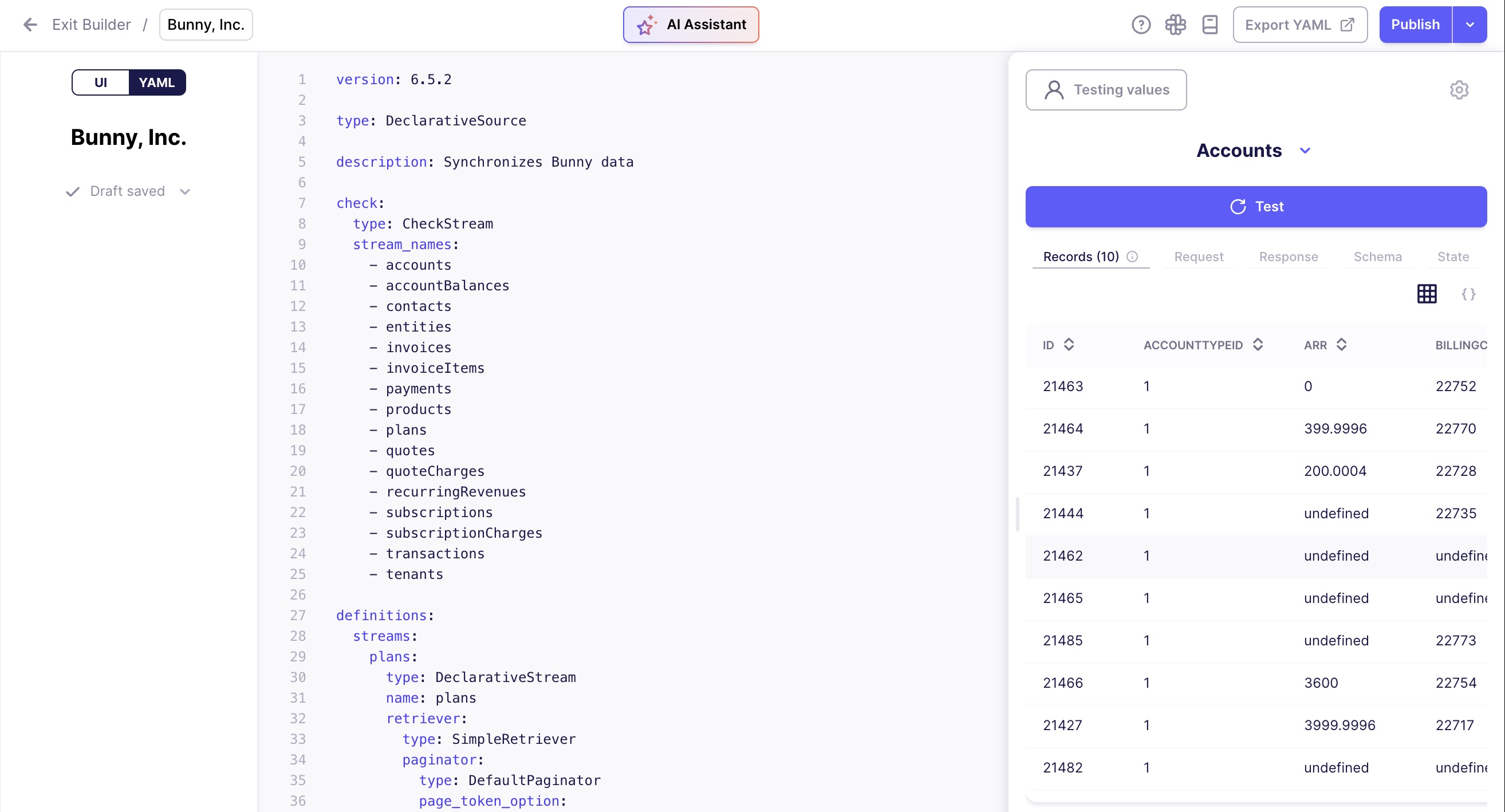Airbyte Builder YAML view with the Bunny connector's stream names and test records for the Accounts stream