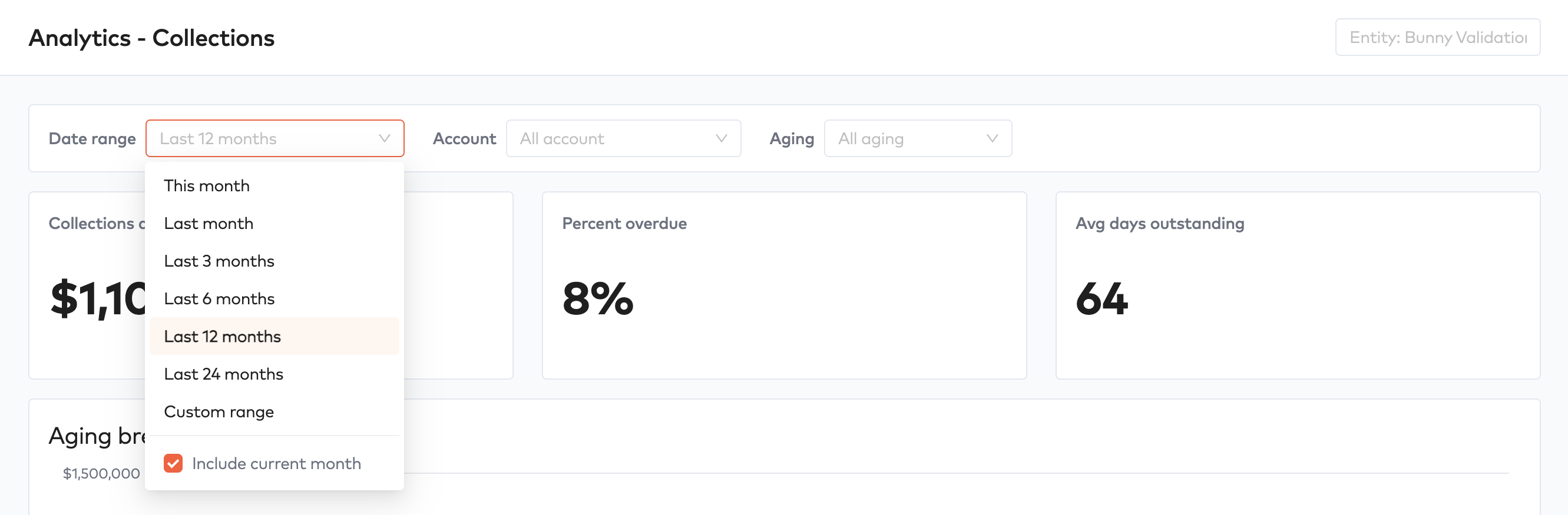 Collections dashboard with the Date range filter open showing options from This month to Custom range