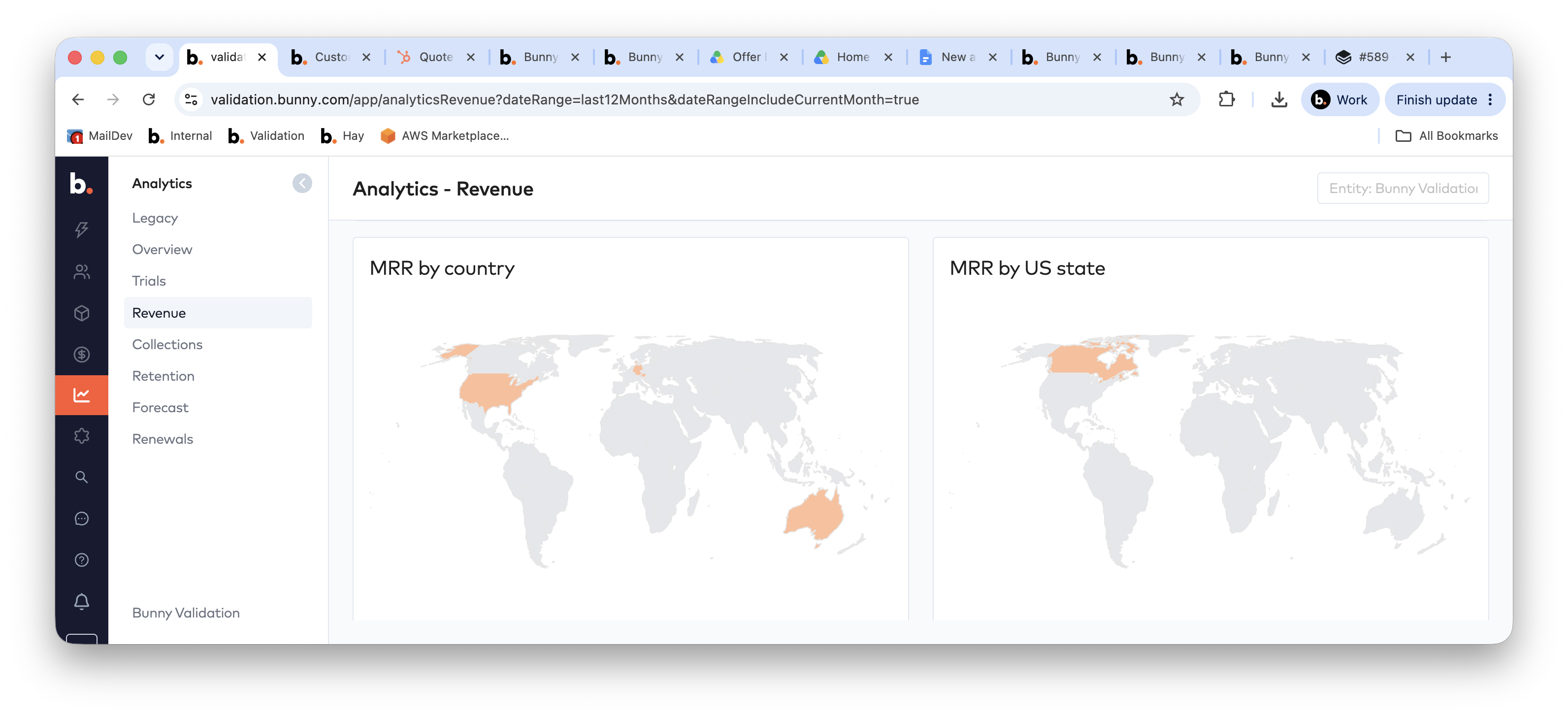 Revenue dashboard maps showing MRR by country and MRR by US state