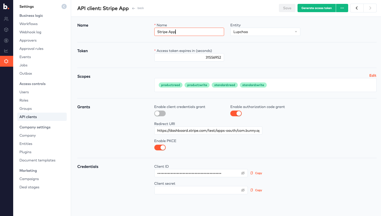 Bunny API client form with product and standard scopes, authorization code grant, Stripe redirect URI and PKCE enabled