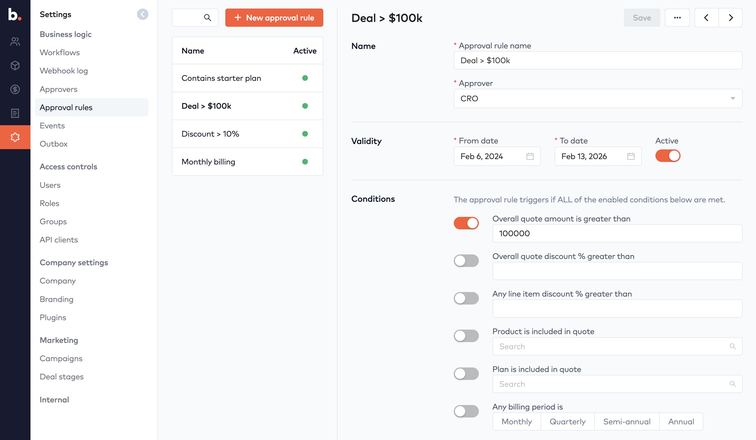 Approval rule Deal > $100k with CRO approver, validity dates, Active toggle and quote amount condition enabled