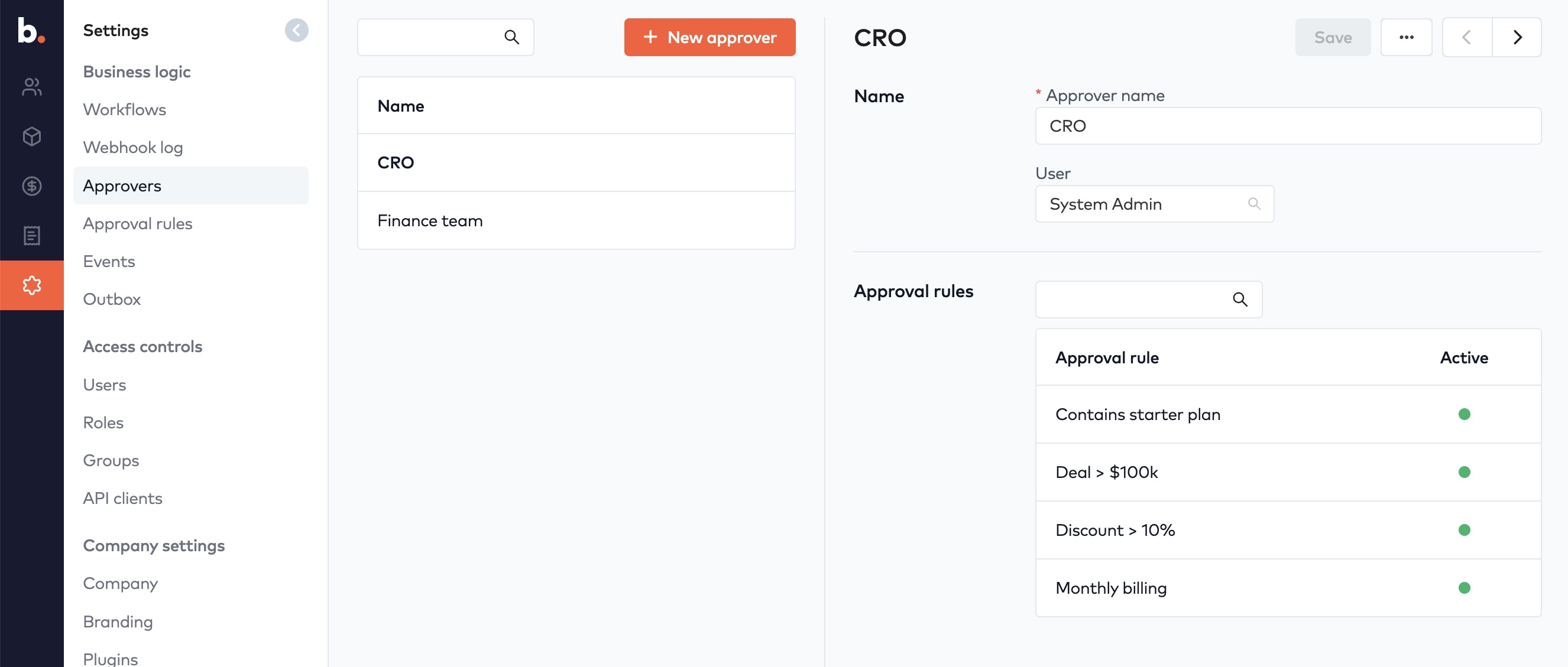 Approvers settings with the CRO approver assigned to a user and its active approval rules listed