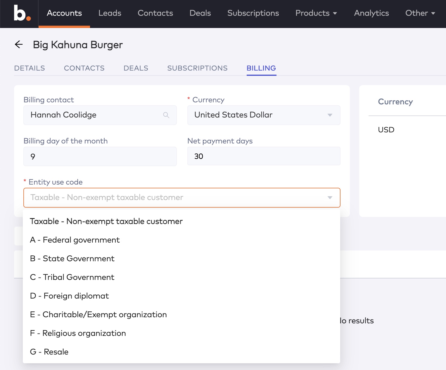Account Billing tab with the Entity use code dropdown open, listing Taxable and exemption codes A through G