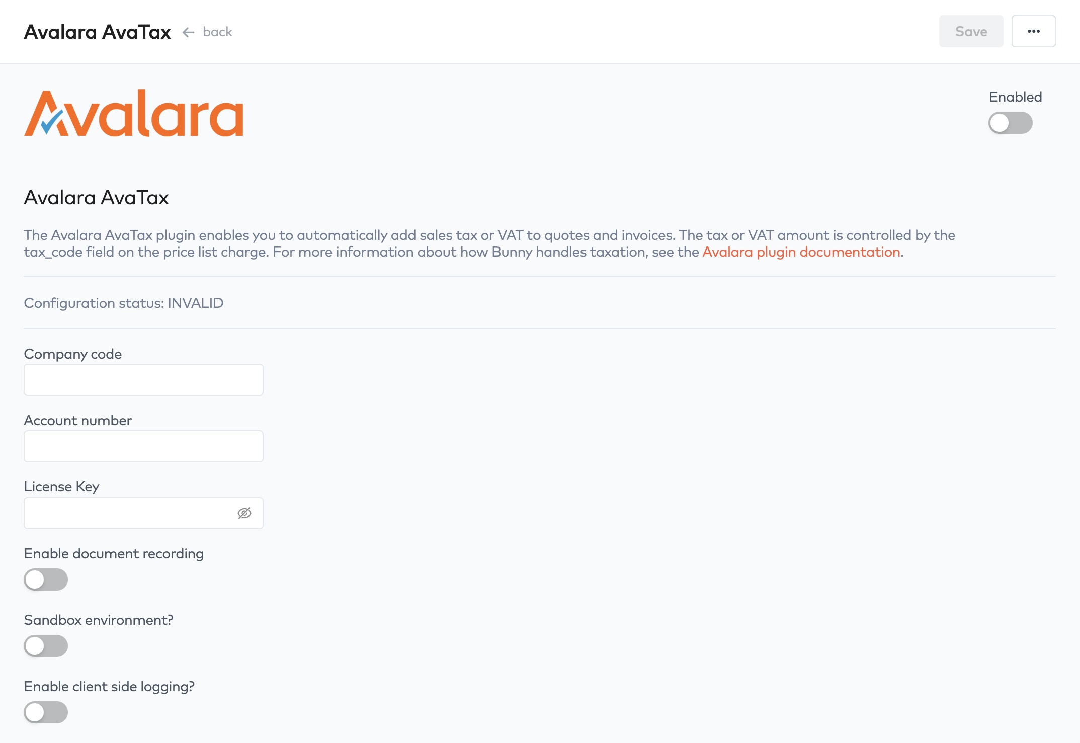 Avalara AvaTax integration page with Enabled toggle, Company code, Account number, License Key fields and setting toggles