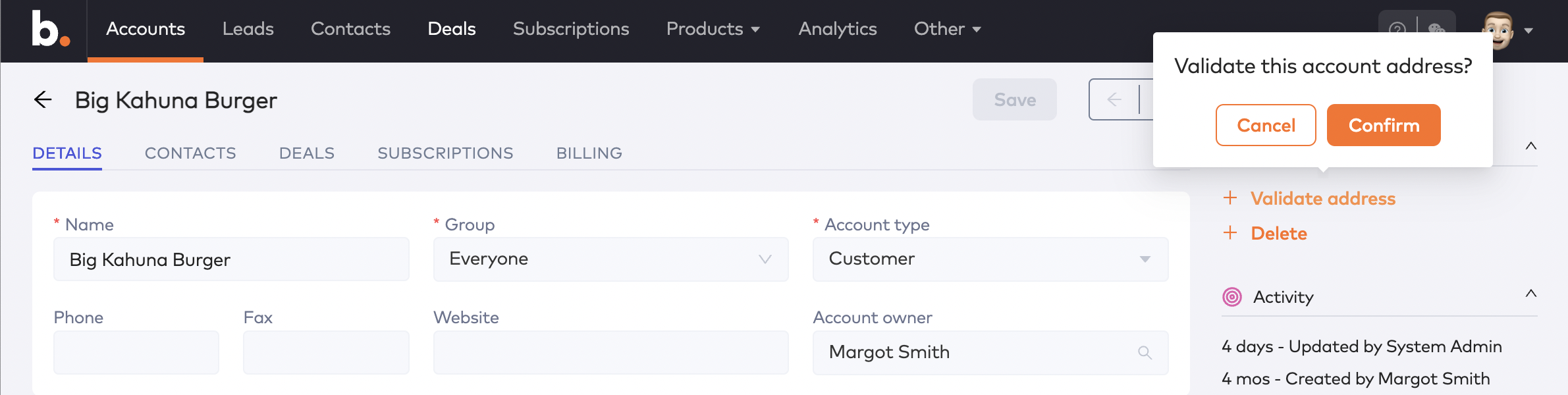 Account page sidebar with Validate address action and a Validate this account address? confirmation popup