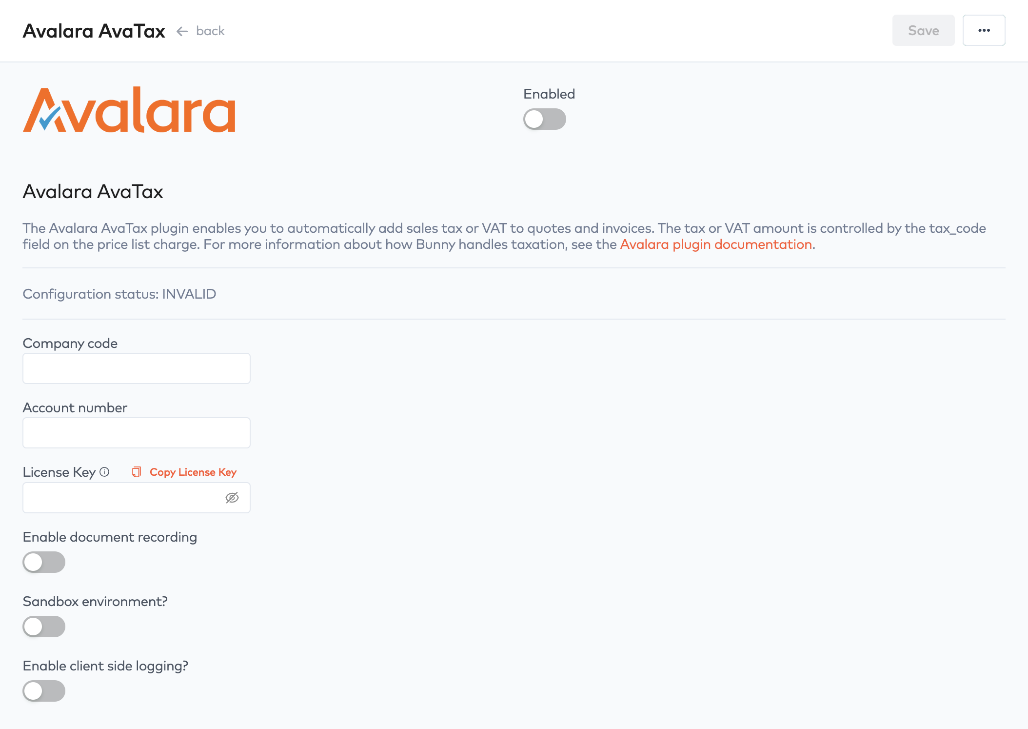 Avalara AvaTax plugin settings with Company code, Account number and License Key fields