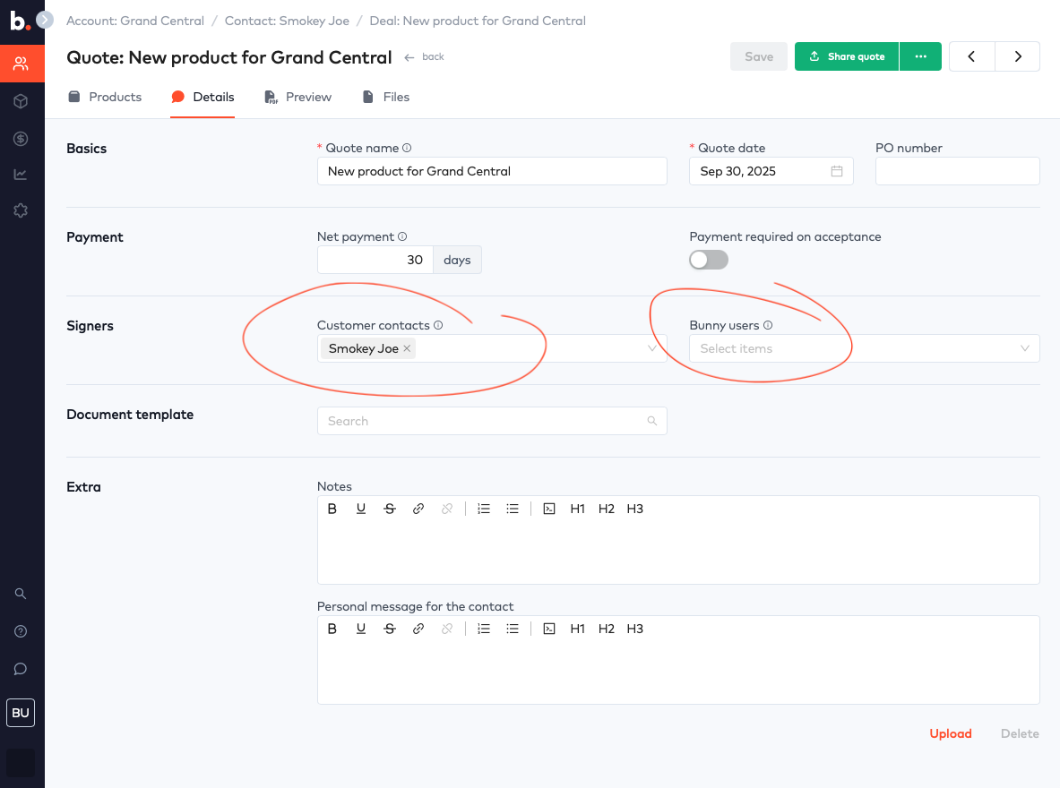 Quote Details tab with the Signers section highlighted, showing Customer contacts and Bunny users fields