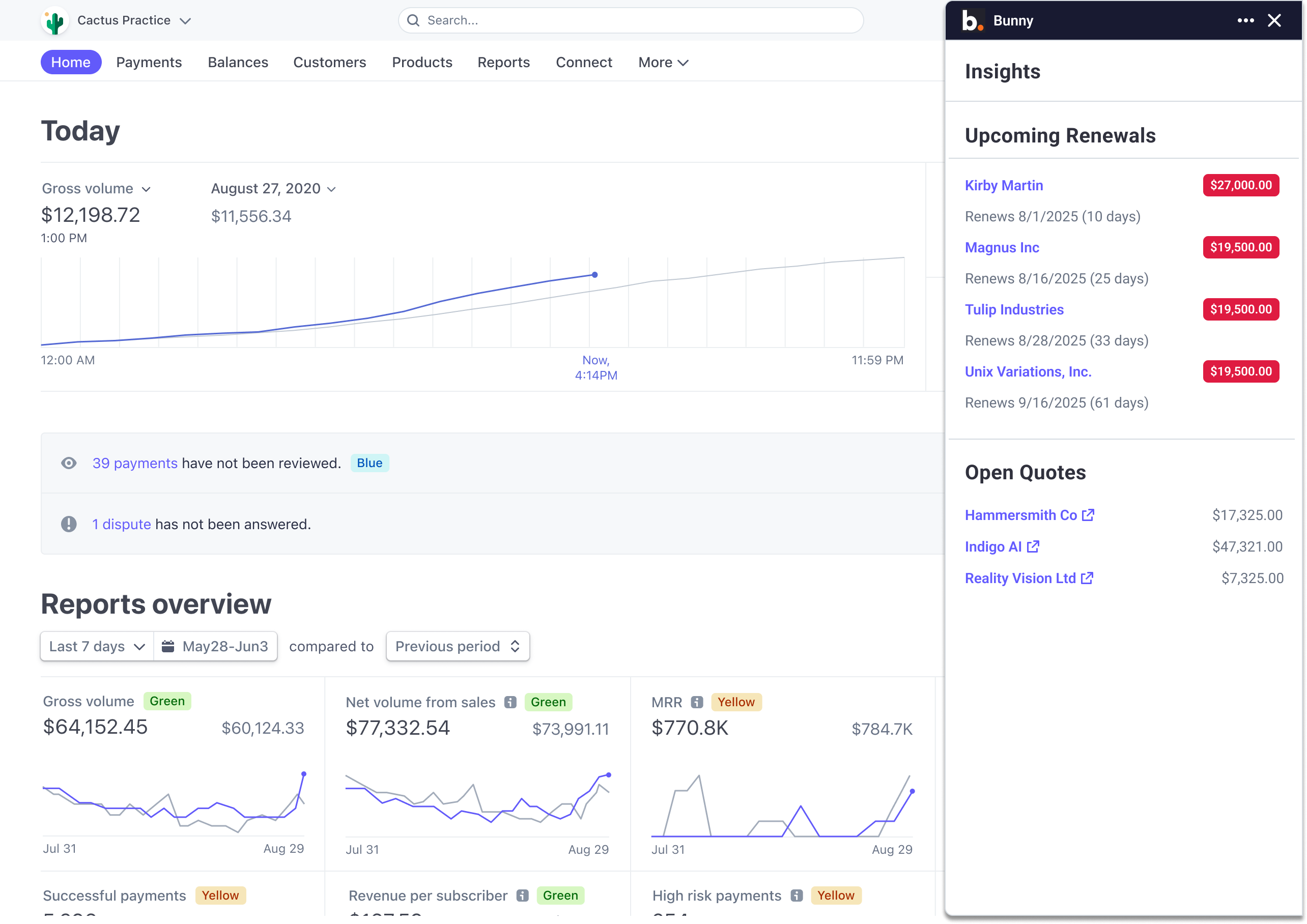 Bunny app Insights sidebar in the Stripe dashboard listing Upcoming Renewals and Open Quotes
