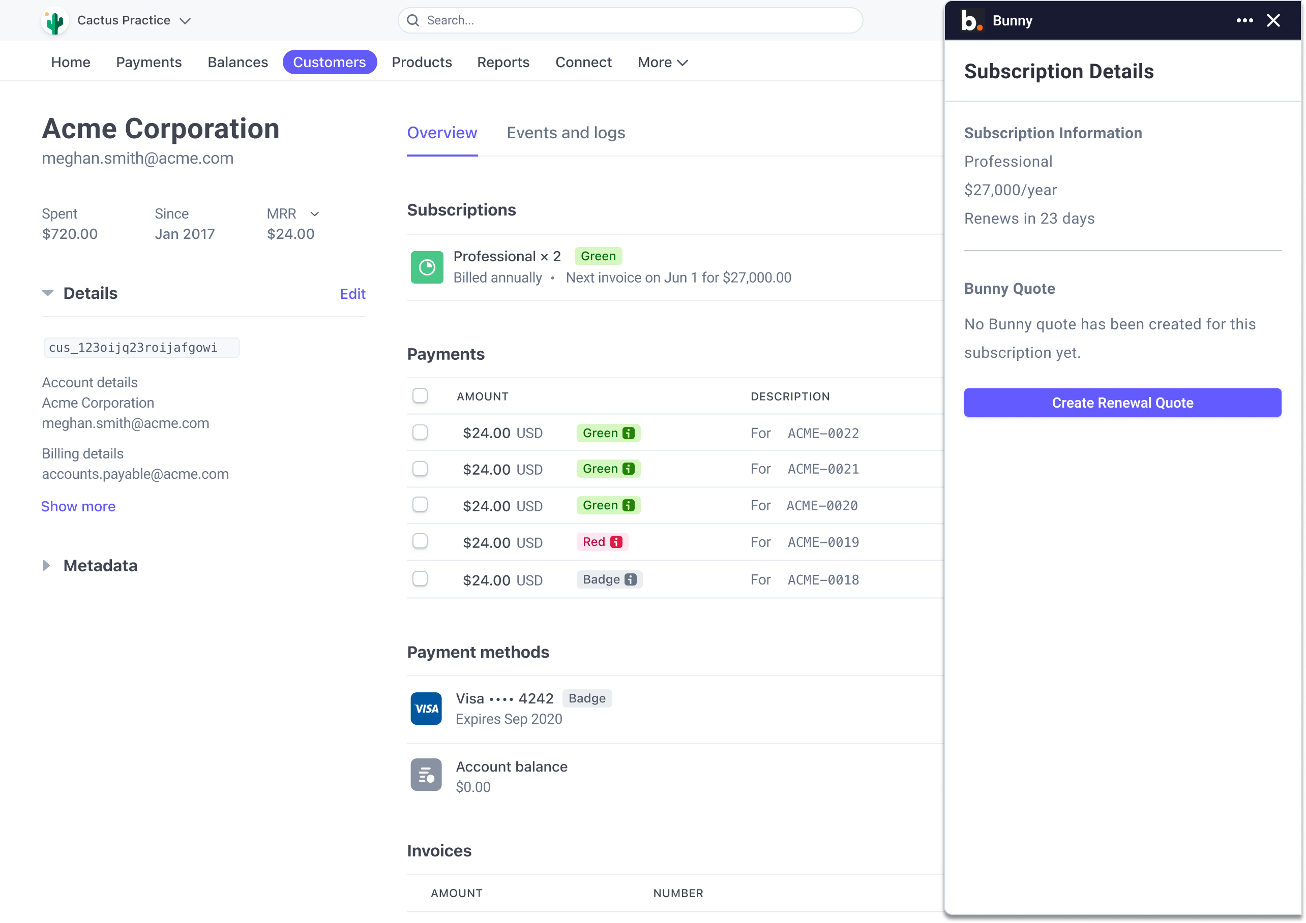 Stripe customer page with the Bunny Subscription Details sidebar and a Create Renewal Quote button