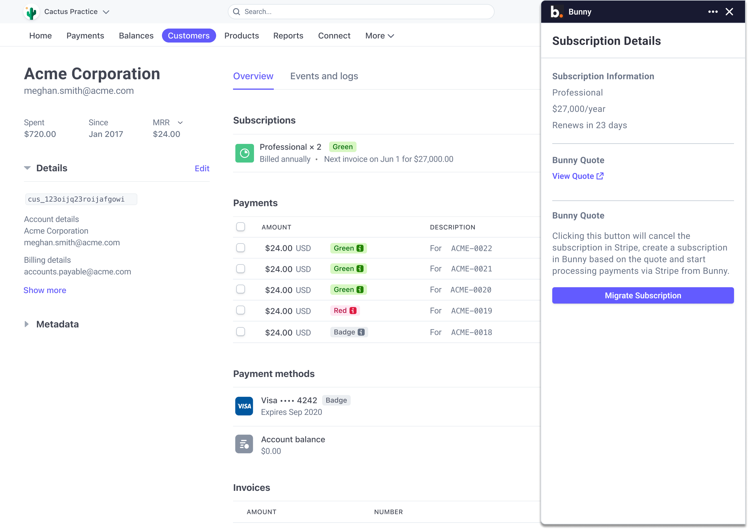 Bunny Subscription Details sidebar in Stripe with a View Quote link and the Migrate Subscription button