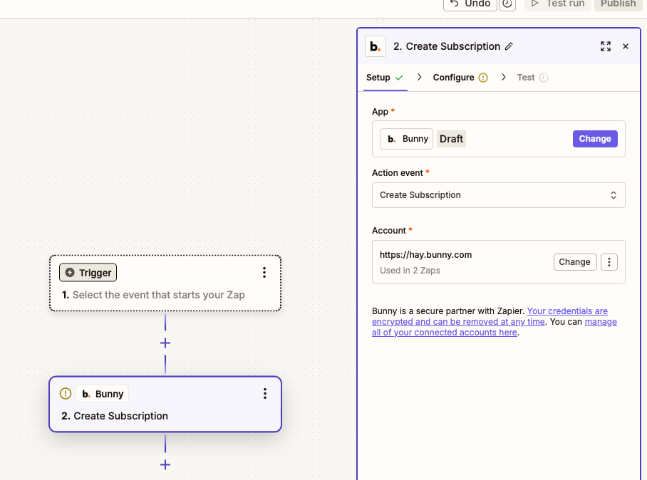 Zapier editor with a Bunny Create Subscription action step and a connected Bunny account