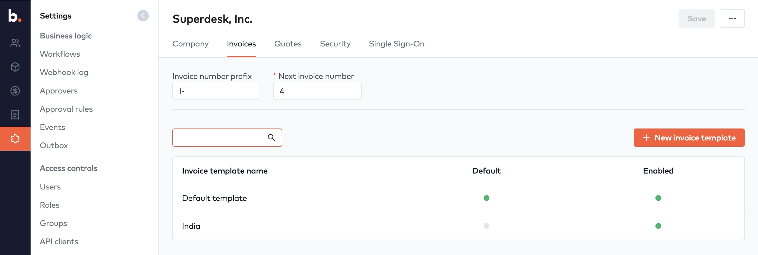 Invoices settings tab with Invoice number prefix, Next invoice number and a list of invoice templates