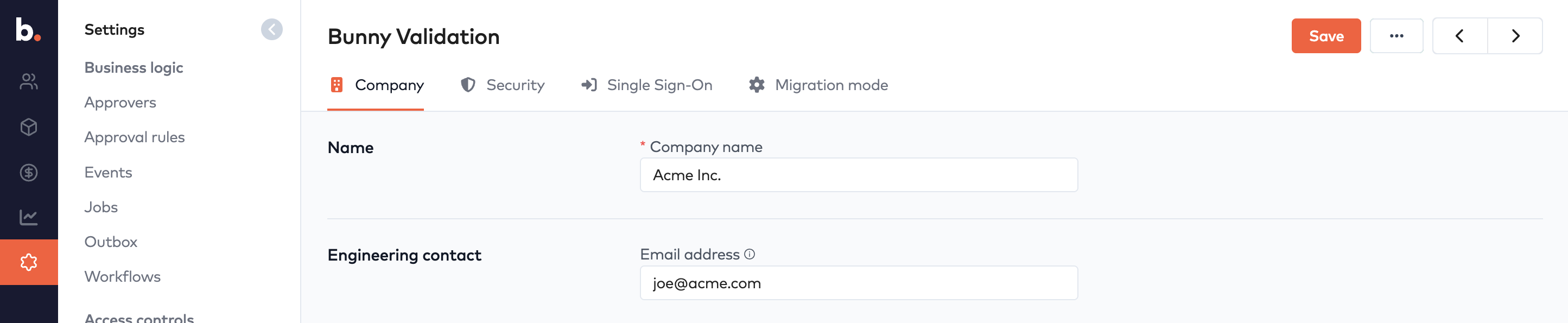Settings Company tab with the Company name and Engineering contact email address fields
