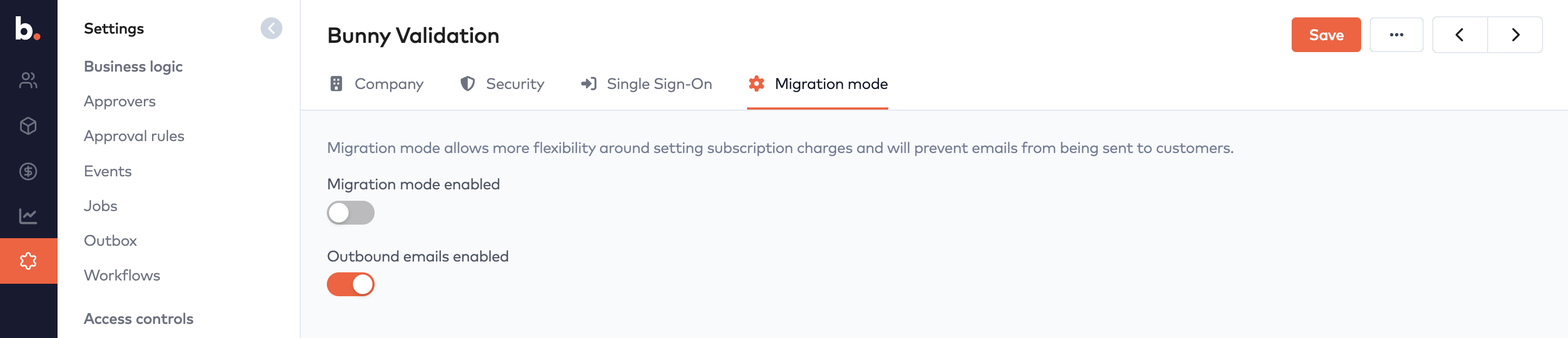 Settings Migration mode tab with the Migration mode enabled and Outbound emails enabled toggles