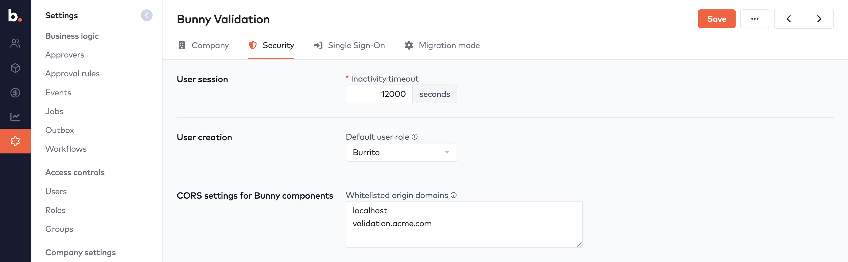 Security settings tab with Inactivity timeout, Default user role and whitelisted origin domains for Bunny components