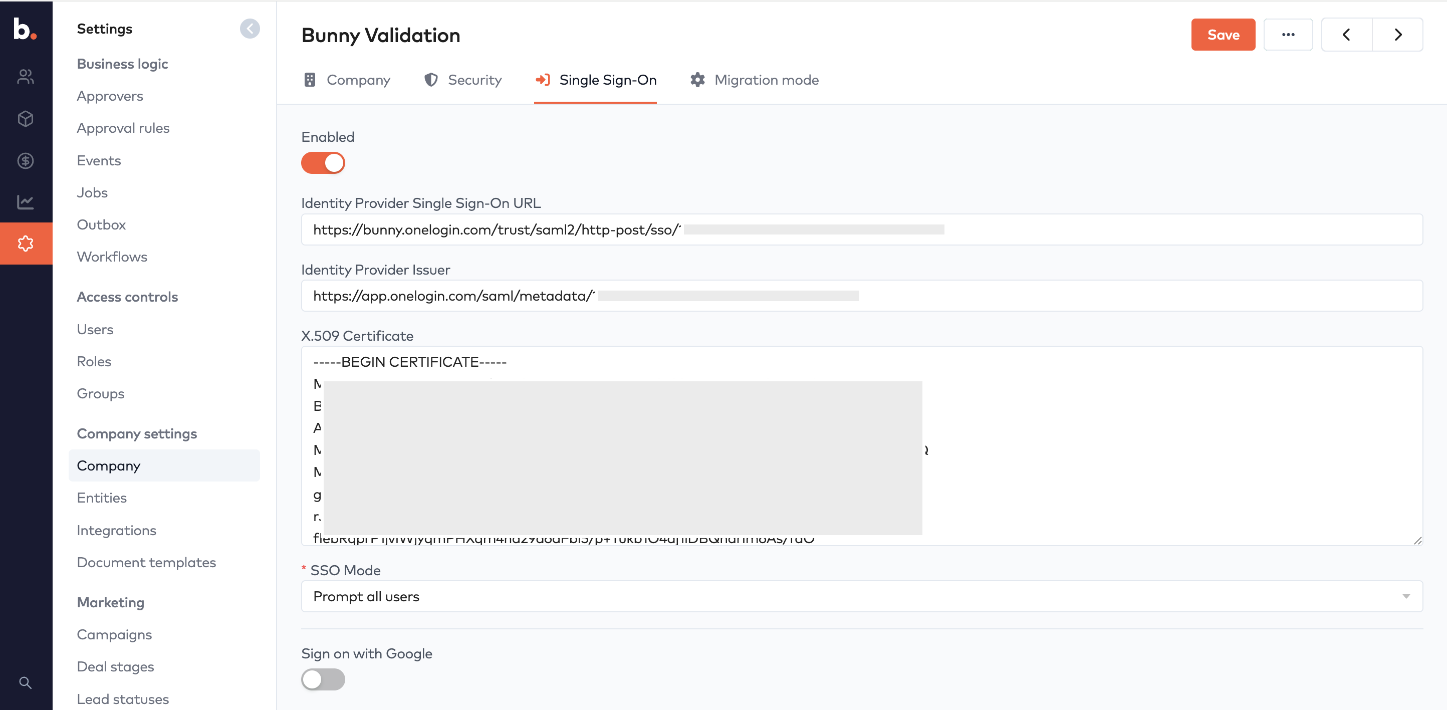 Single Sign-On settings tab with Enabled toggle, Identity Provider URL and Issuer, X.509 Certificate and SSO Mode
