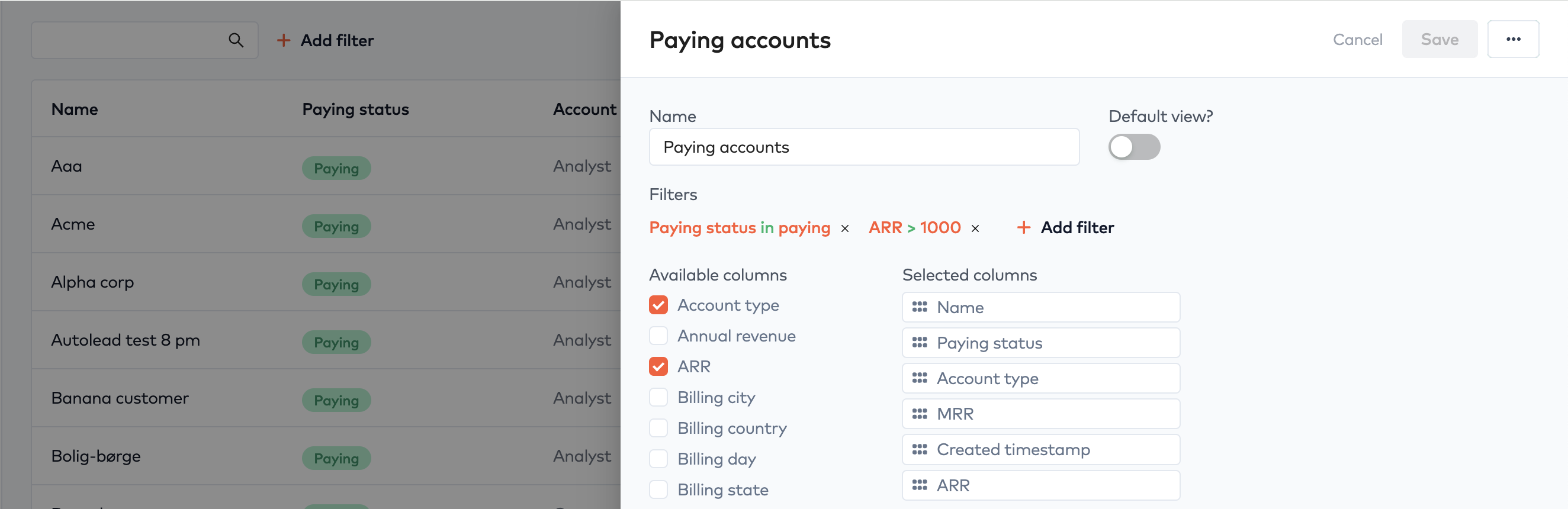 Edit view panel with name and filters, available columns checkboxes and a reorderable list of selected columns