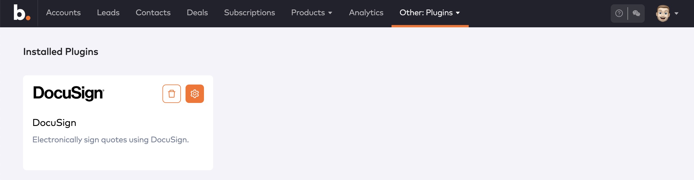 Installed Plugins page showing the DocuSign plugin card with delete and gear (configure) icons