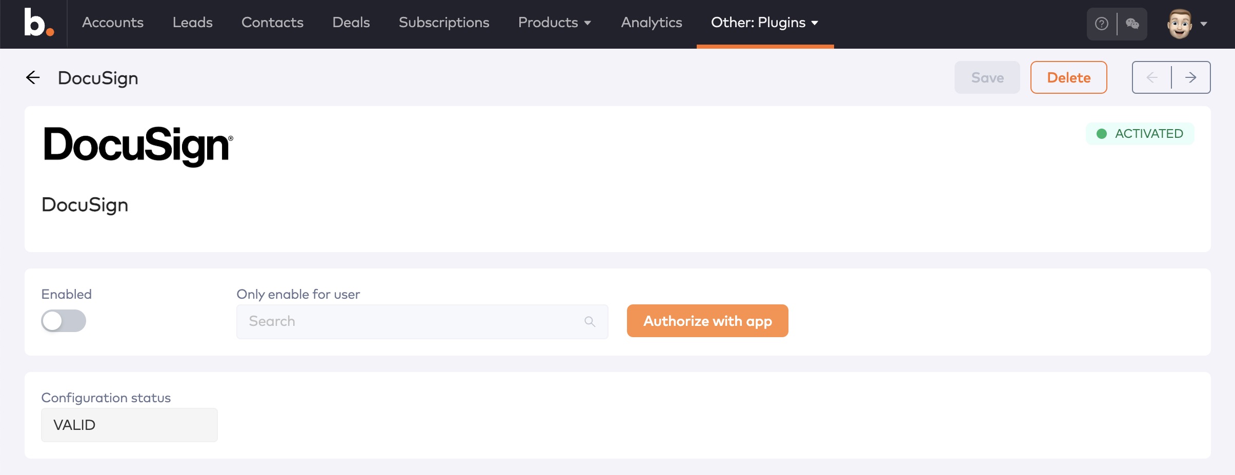 DocuSign plugin configuration with the Enabled toggle, Only enable for user search and Authorize with app button