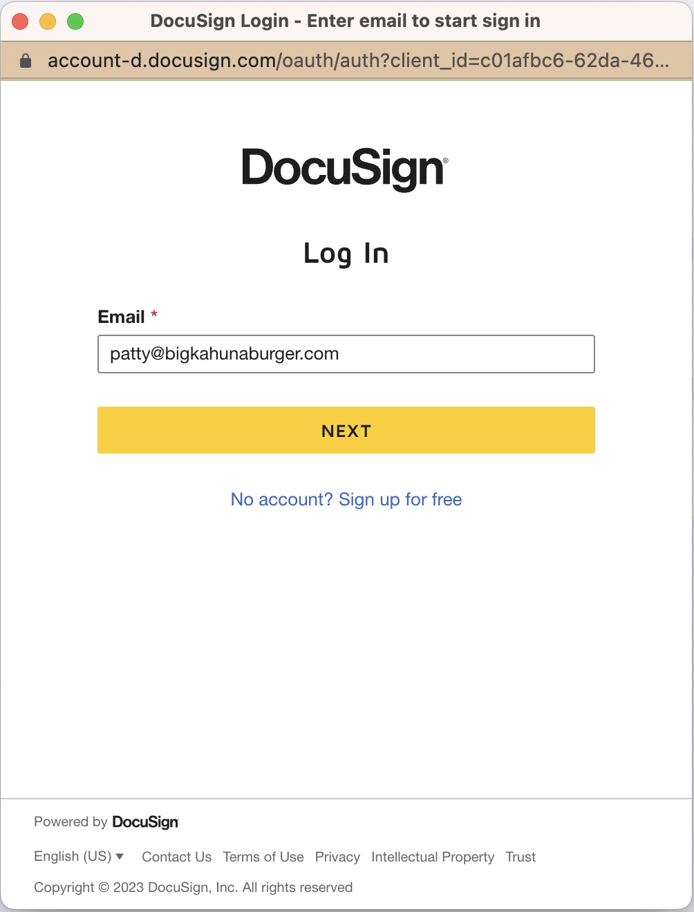 DocuSign Log In window asking for an email address with a NEXT button
