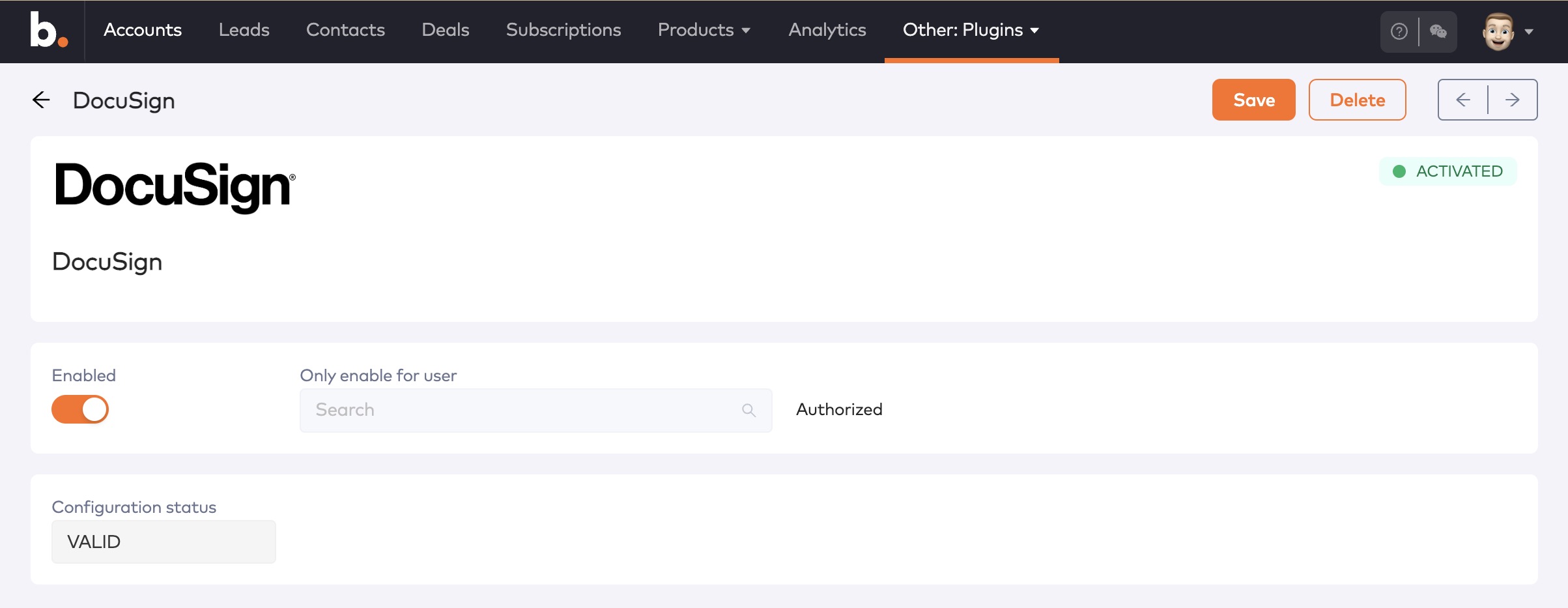 DocuSign plugin configuration after authorization, with Enabled switched on and the status showing Authorized