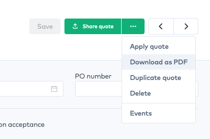 Quote actions menu open with the Download as PDF option