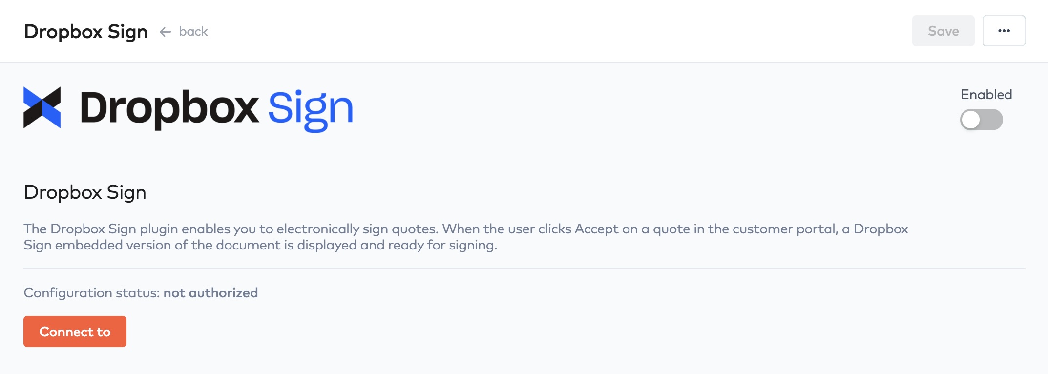 Dropbox Sign integration in Bunny with Enabled toggle off, status not authorized and a Connect to button