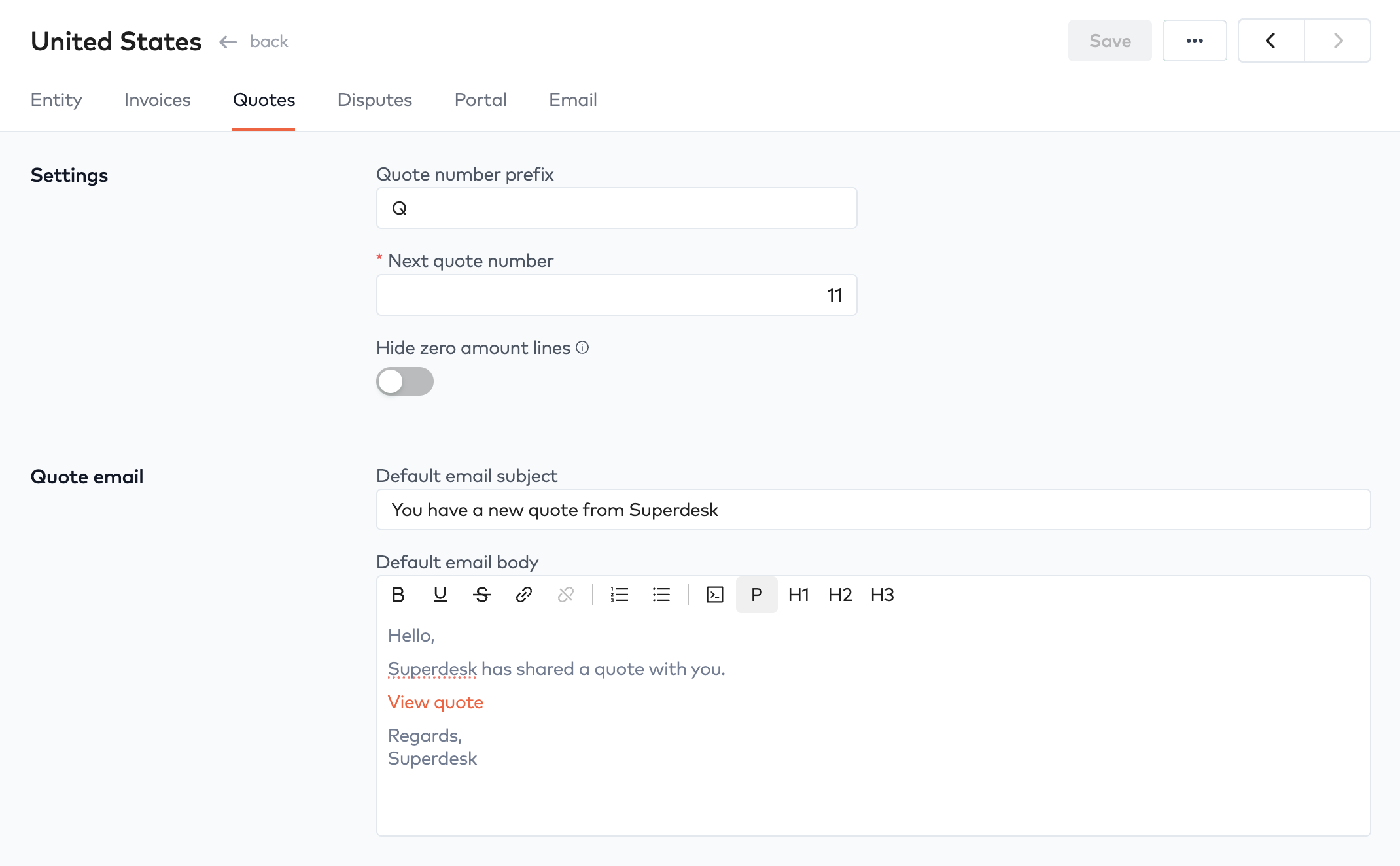 Entity Quotes tab with Quote number prefix, Next quote number, Hide zero amount lines toggle and default quote email fields