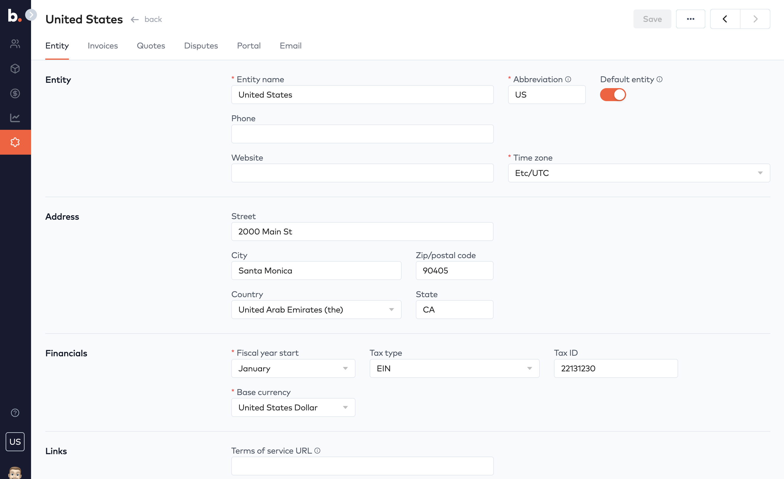 Entity settings form with entity name, address, fiscal year start, tax ID and base currency fields
