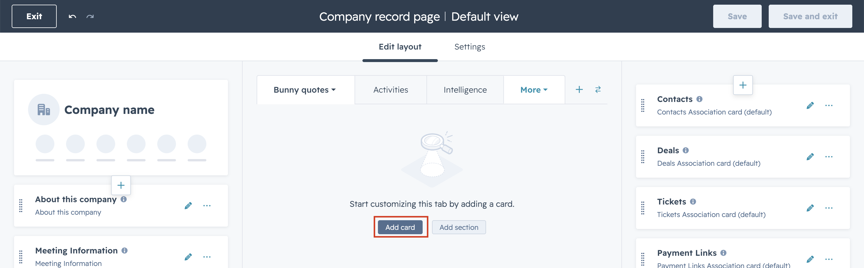 Empty Bunny quotes tab in the HubSpot layout editor with the Add card button highlighted