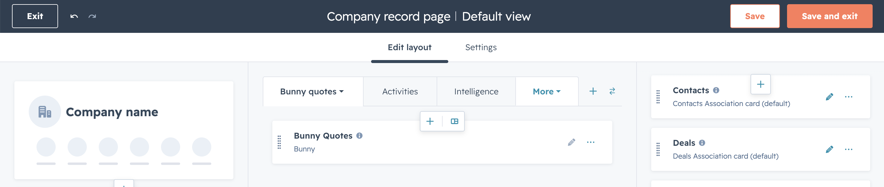 HubSpot layout editor with the Bunny Quotes card added to the Bunny quotes tab and the Save and exit button