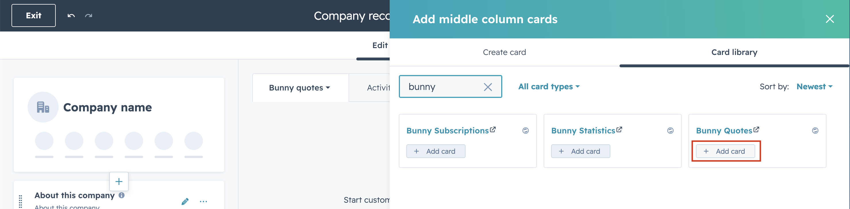 HubSpot Card library filtered by bunny, showing Bunny Subscriptions, Bunny Statistics and Bunny Quotes with Add card highlighted
