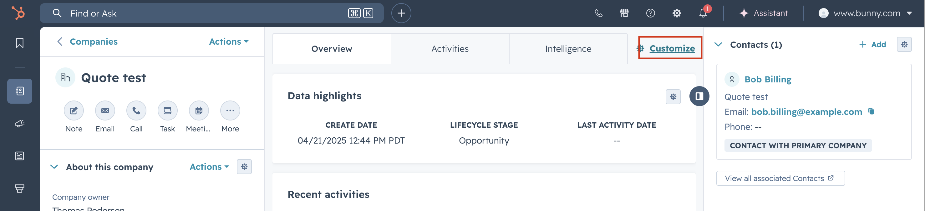 HubSpot company record with the Customize link highlighted next to the Overview, Activities and Intelligence tabs