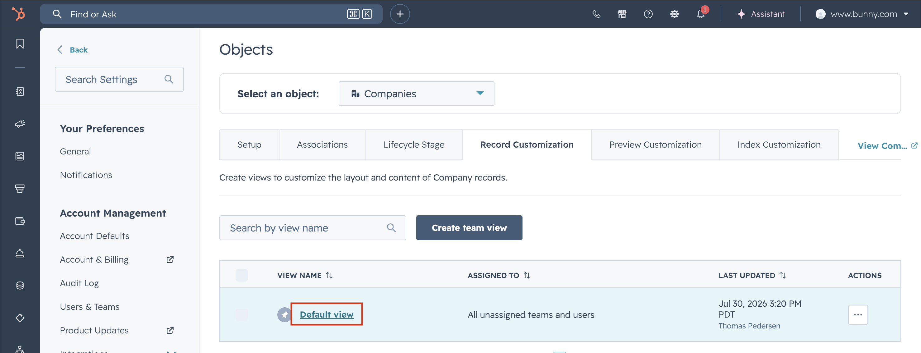 HubSpot Objects settings for Companies on the Record Customization tab with Default view highlighted